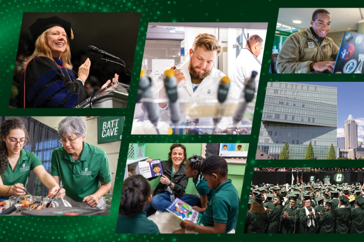 Images of students, chancellor, UNC Charlotte campus in a grid form