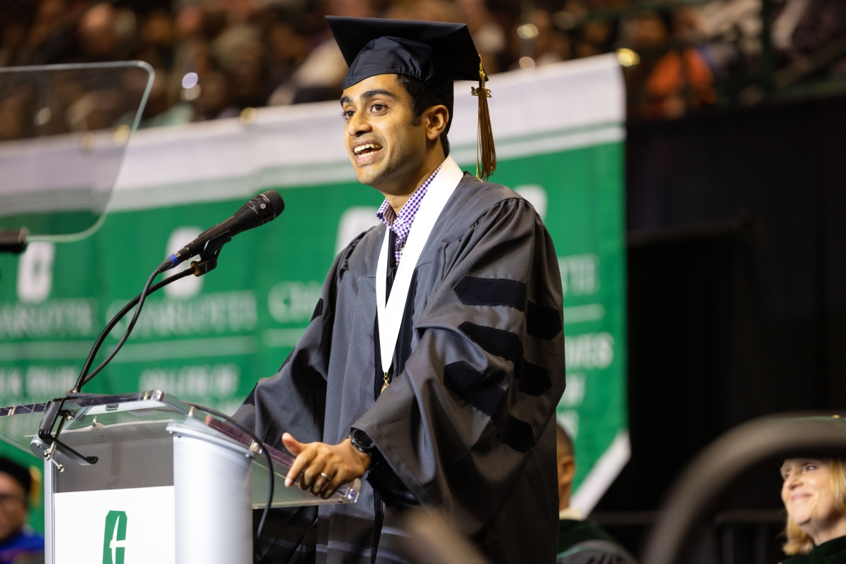 Abhishek Shibu, Ph.D. in Nanoscale Science ‛24 and a former 3-Minute Thesis winner, addressed the Class of 2024.