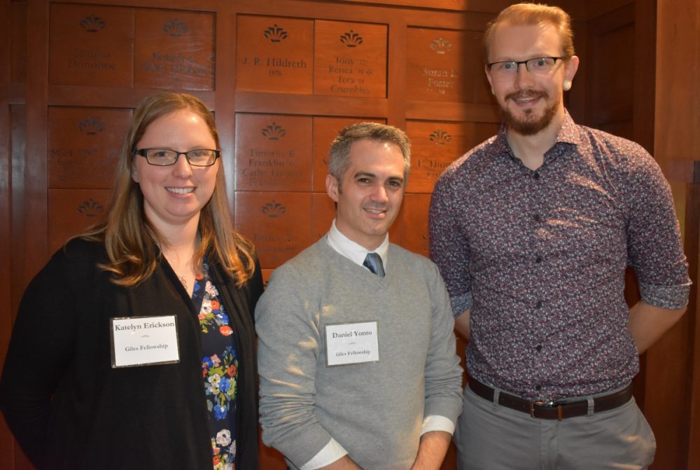 Funding Creativity - 2018-19 graduate fellowship winners were treated to lunch and praise Oct. 19 during the Graduate School Fellowship Luncheon.  Among the participants in the event were (from left) Katelyn Erickson, Nanoscale Science, Daniel Yonto, Geography, and David Burlinson, Computing and Information Systems, all recipients of the Giles Fellowship. The Giles award focuses on STEM programs and provides a $20,000 stipend plus travel and insurance, full tuition and fees for doctoral students in their final year.