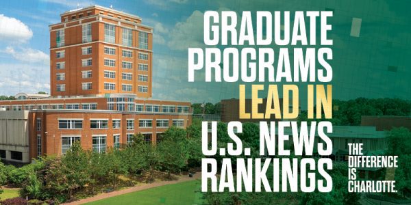 campus building with graduate programs lead in U.S. News Rankings as text overlaid with The Difference is Charlotte